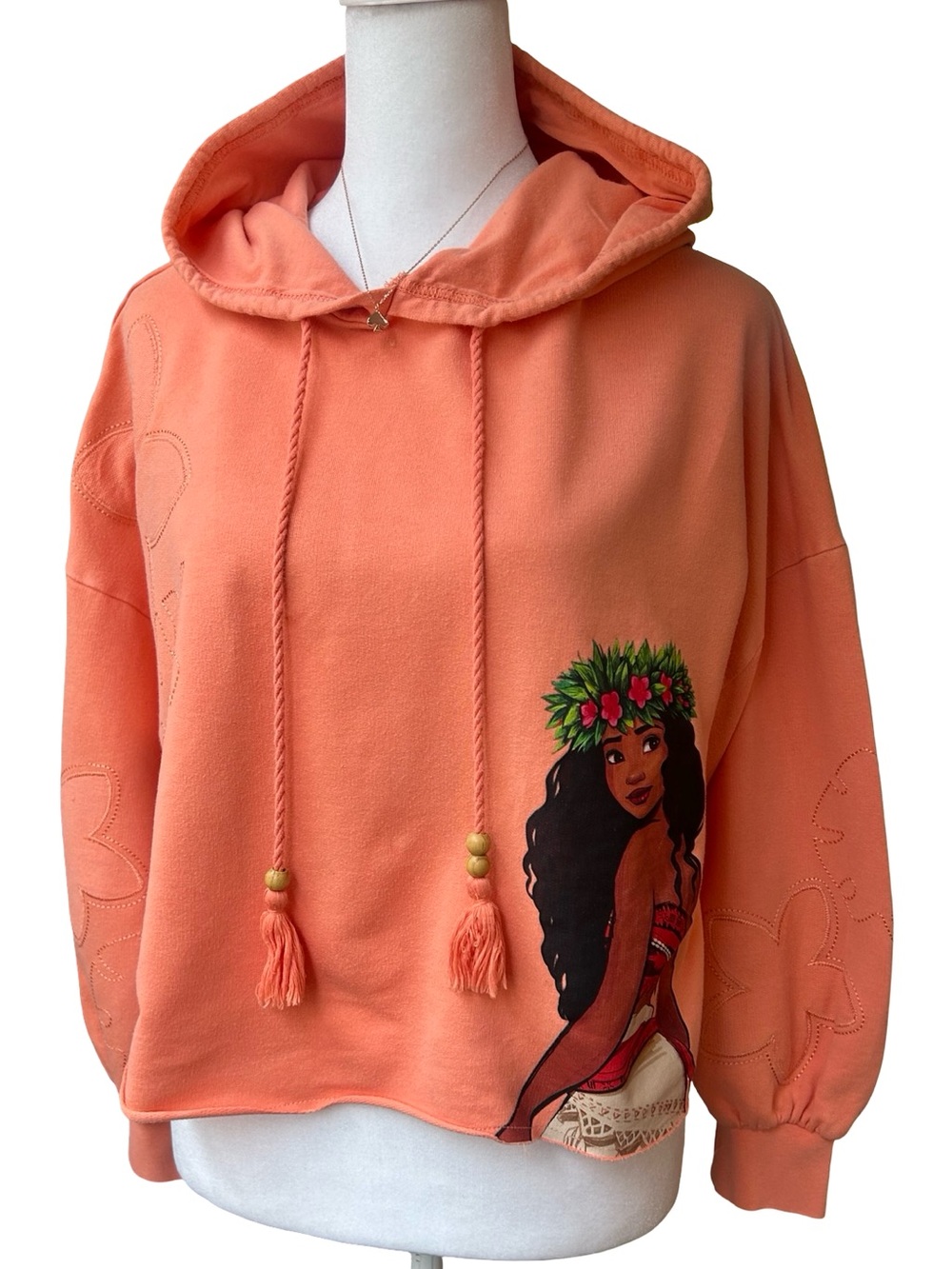 Disney Moana Cropped Hoodie Coral Embroidered Boho beaded Tassel sweatshirt S